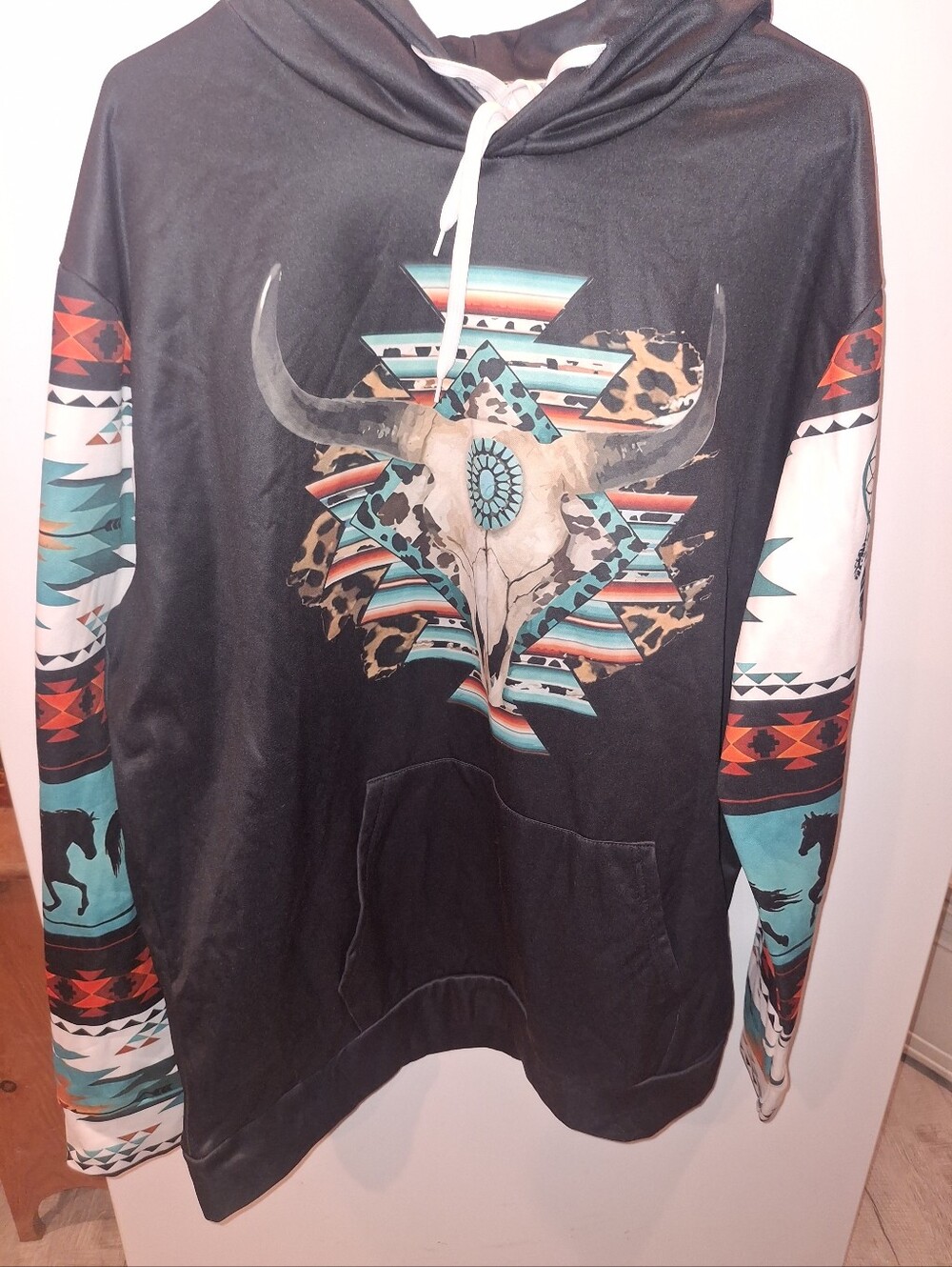Women's Black Graphic Hoodie with Southwestern Skull Design